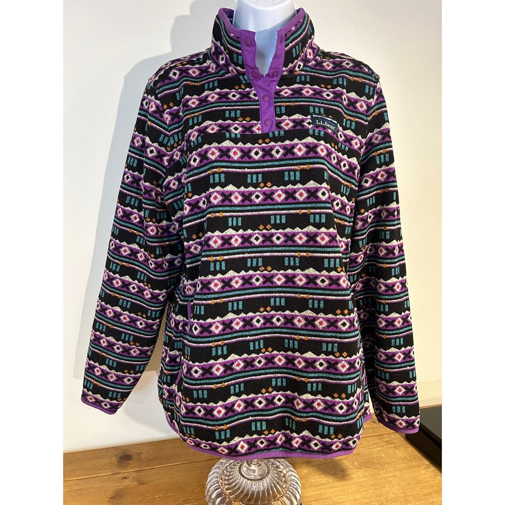 LL Bean XL Sweater Fleece Pullover Purple Black Aztec  1/4 Snap Nordic Mountain